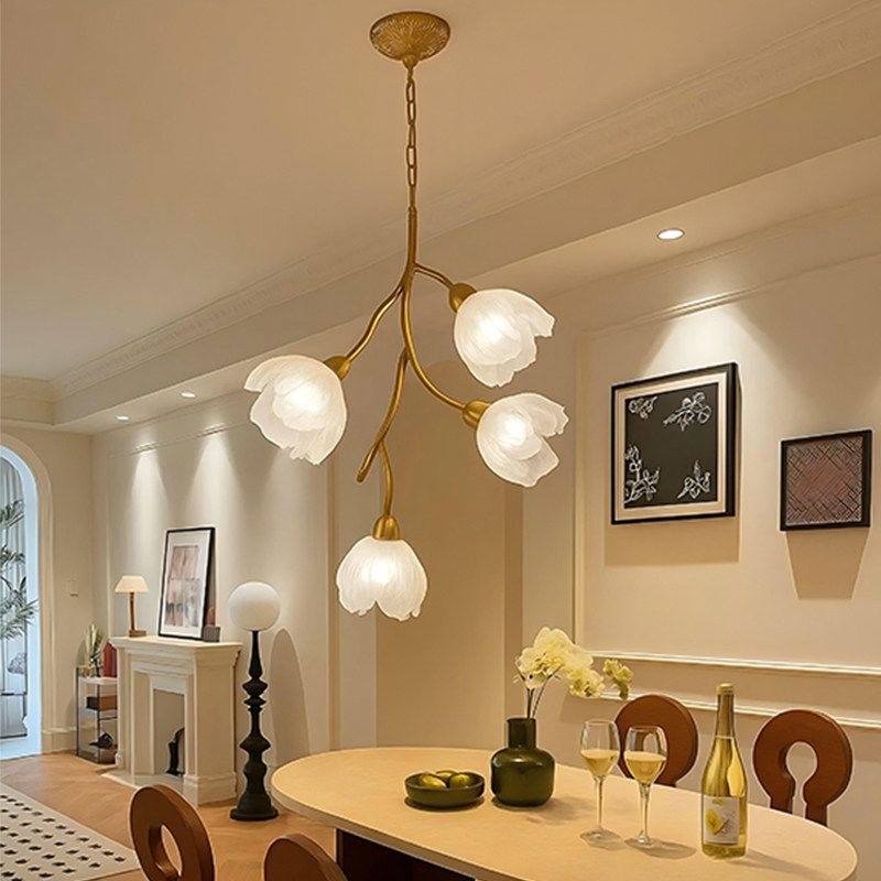 Floral branch ceiling chandelier with gold canopy and five white frosted flower shades