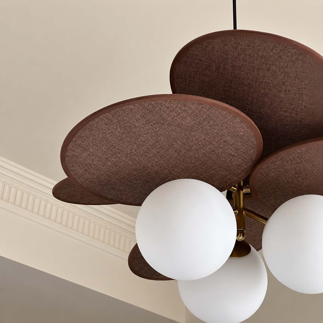 Side view of petal pendant light with dark brown fabric petal shades and three white globes.