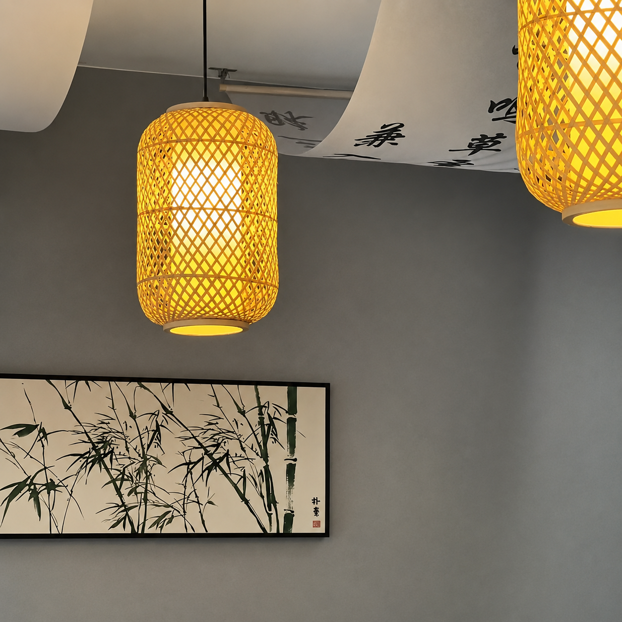 Hanging woven golden lantern with cylindrical lattice shade and soft warm light