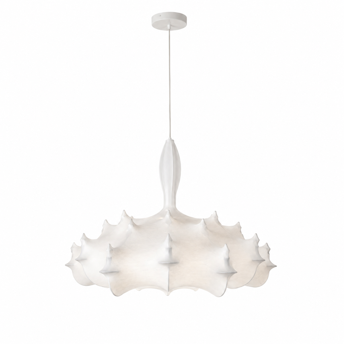Petal-style silk chandelier with scalloped white fabric shades and central stem