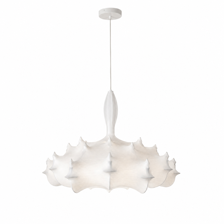 Petal-style silk chandelier with scalloped white fabric shades and central stem