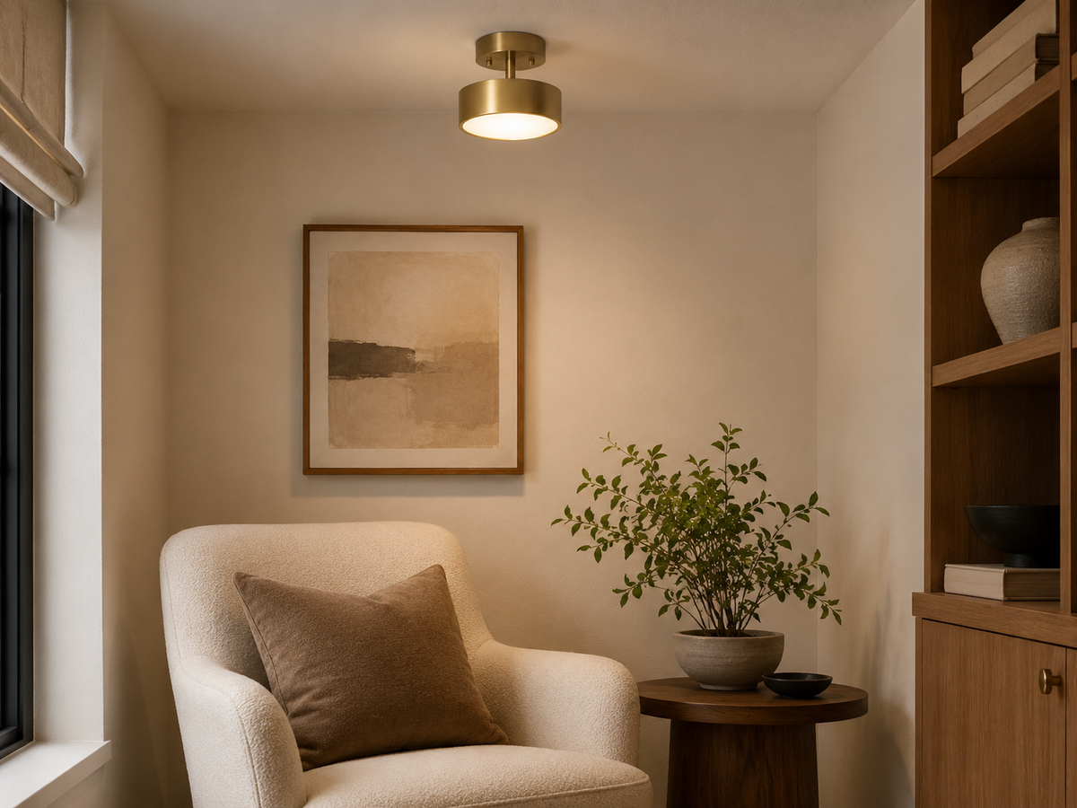 Brass drum flush mount ceiling light with round diffuser centered on the ceiling