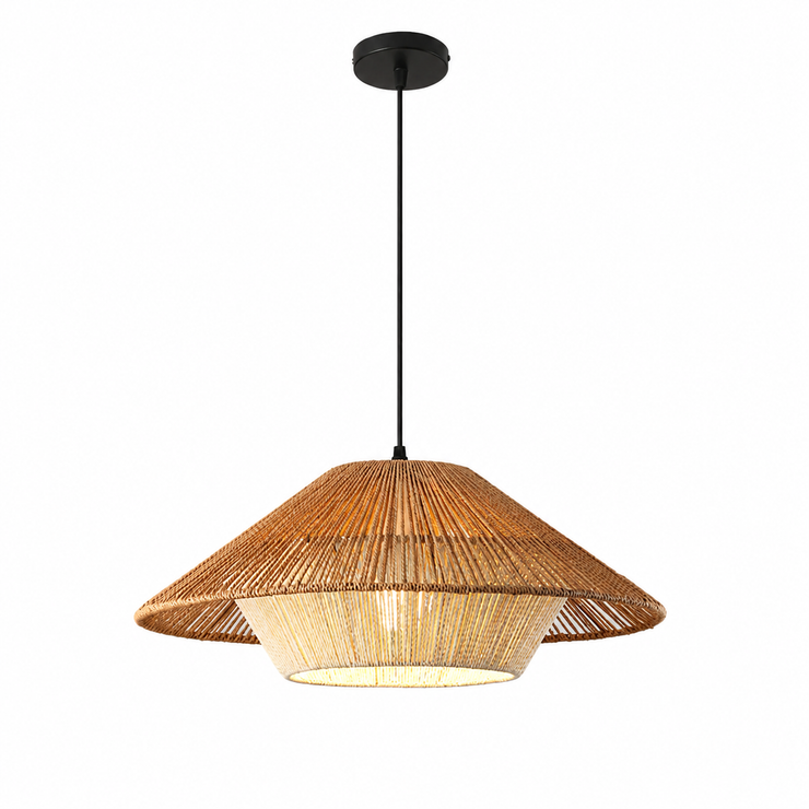 Woven rattan roof pendant light with tan open-weave shade and black cord