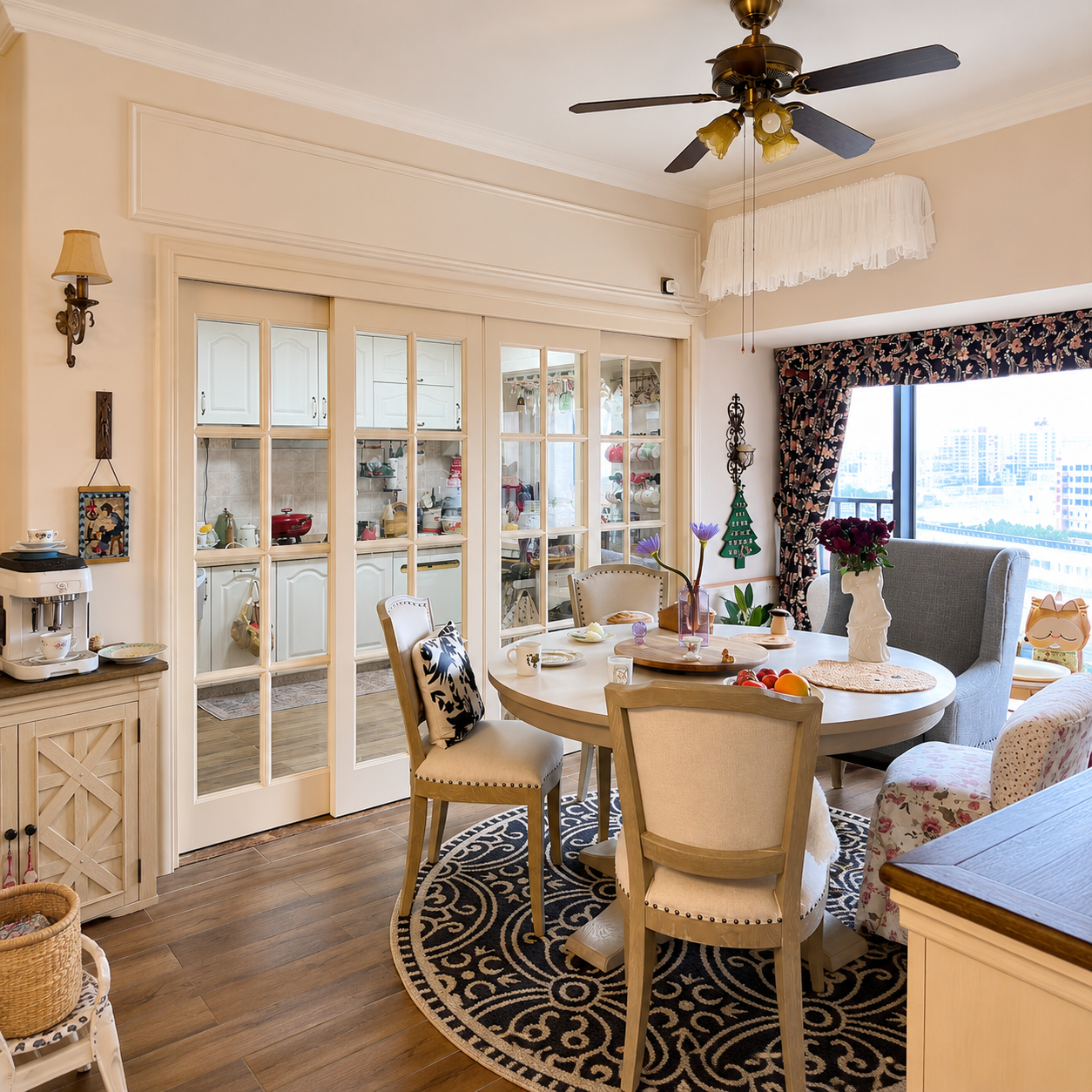 Wood-blade ceiling fan with brass finish and clustered bulb light fixture
