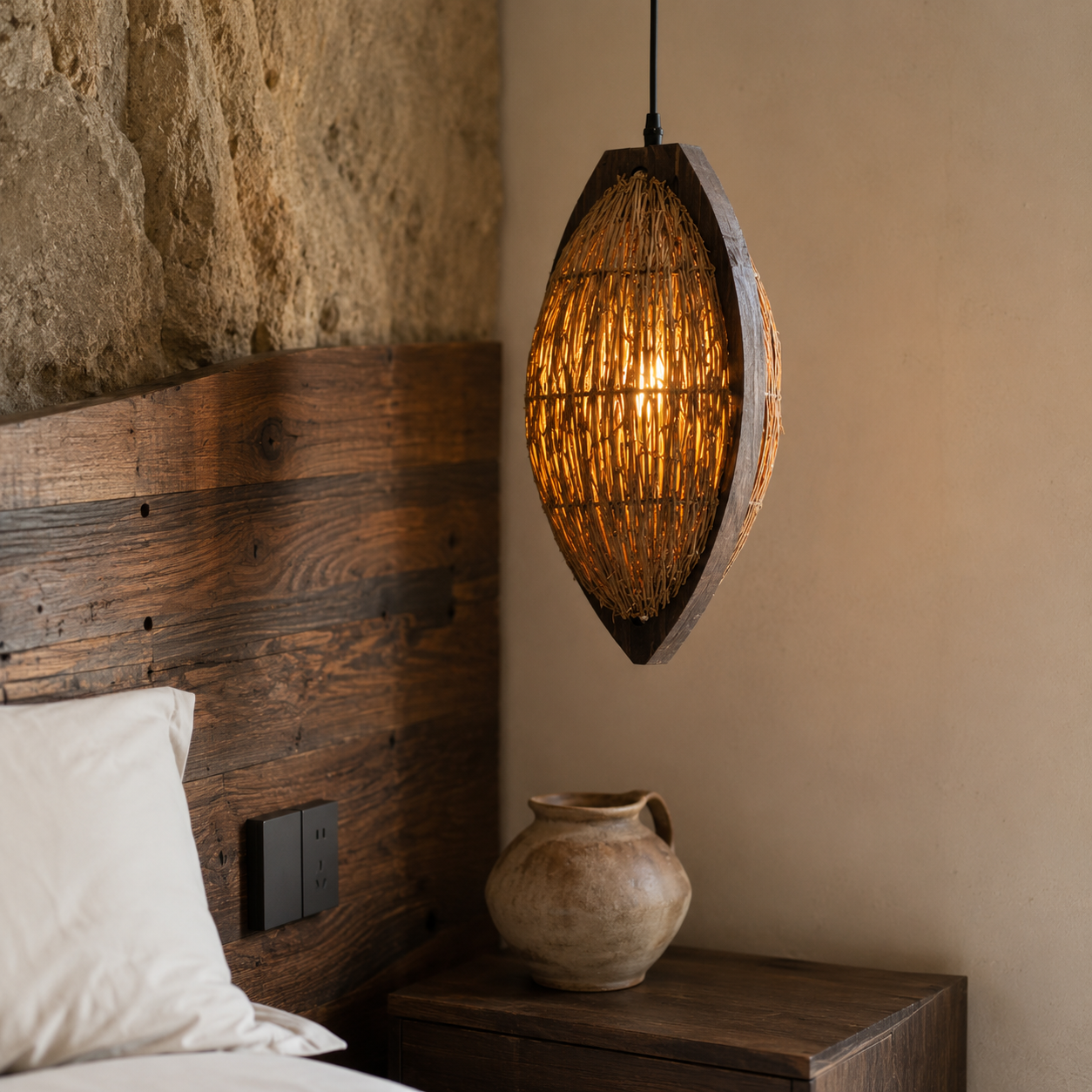 Woven rattan teardrop pendant lamp shade with black cord, warm interior light, side view.