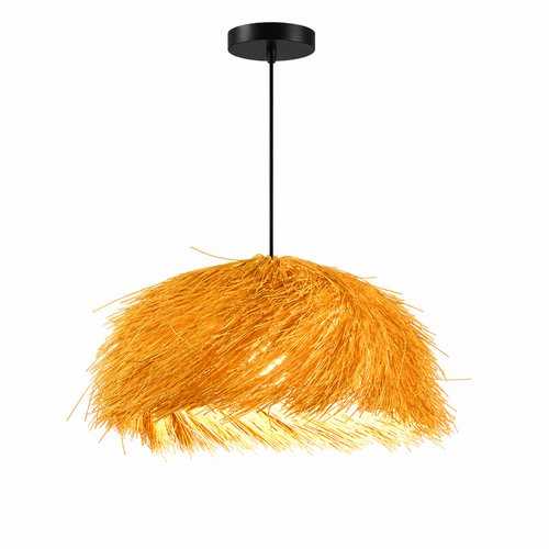 Thatched straw canopy pendant light with warm golden shade and black ceiling mount