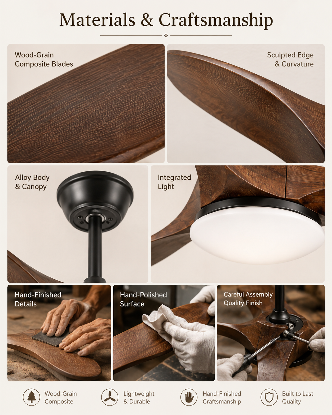 Natural materials and handcrafted details of Volta Ceiling Fan