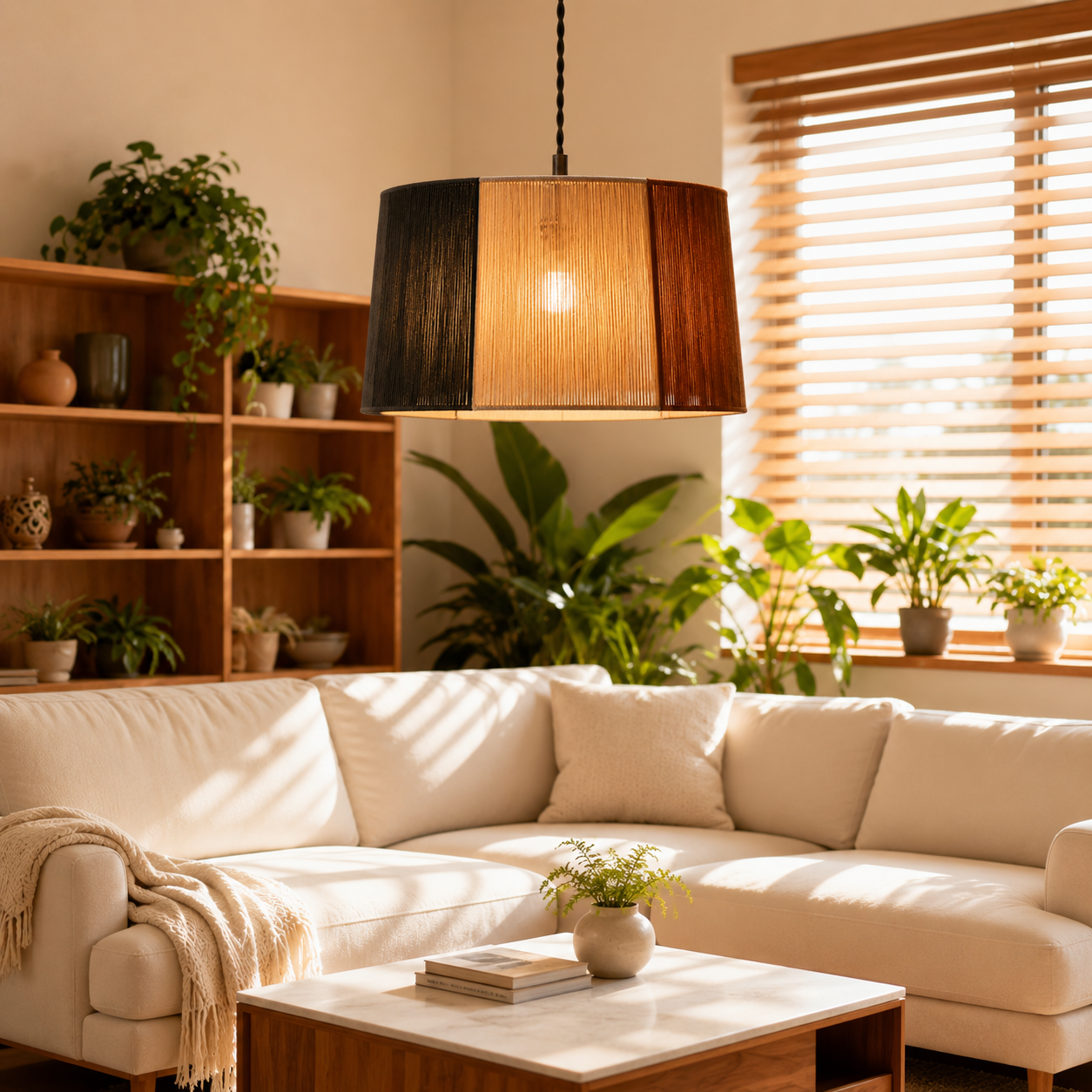 Hanging pendant light with woven drum shade, dark and warm wood-toned side panels