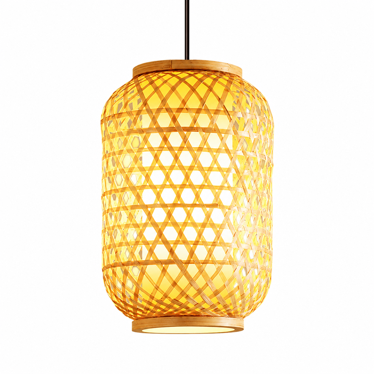 Woven golden pendant lantern with cylindrical lattice shade and warm light glow