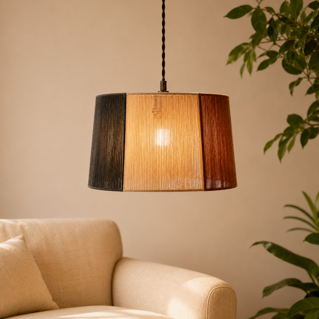 Woven pendant lamp shade with vertical stripe panels in dark and warm amber tones