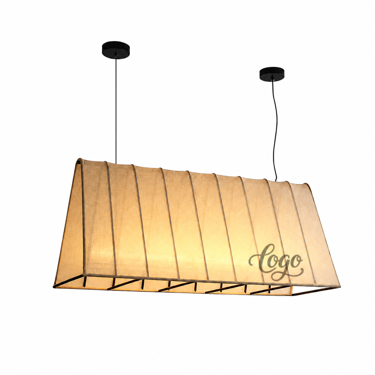 Beige fabric pendant lamp shade with black frame, hanging cords, and 'Logo' script.