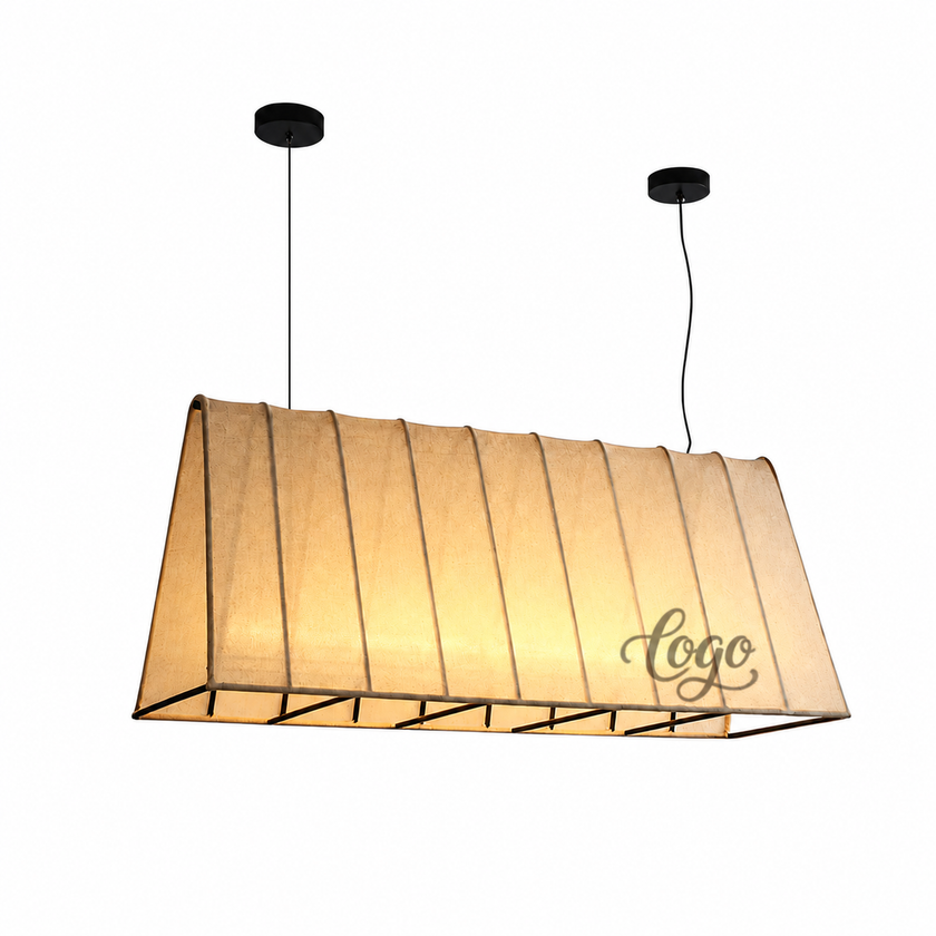 Beige fabric pendant lamp shade with black frame, hanging cords, and 'Logo' script.