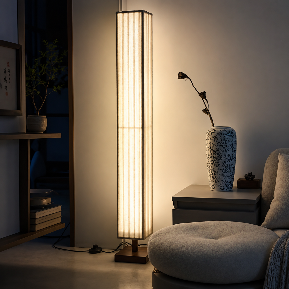 Tapered off-white floor lamp with vertical fabric shade and natural wood base