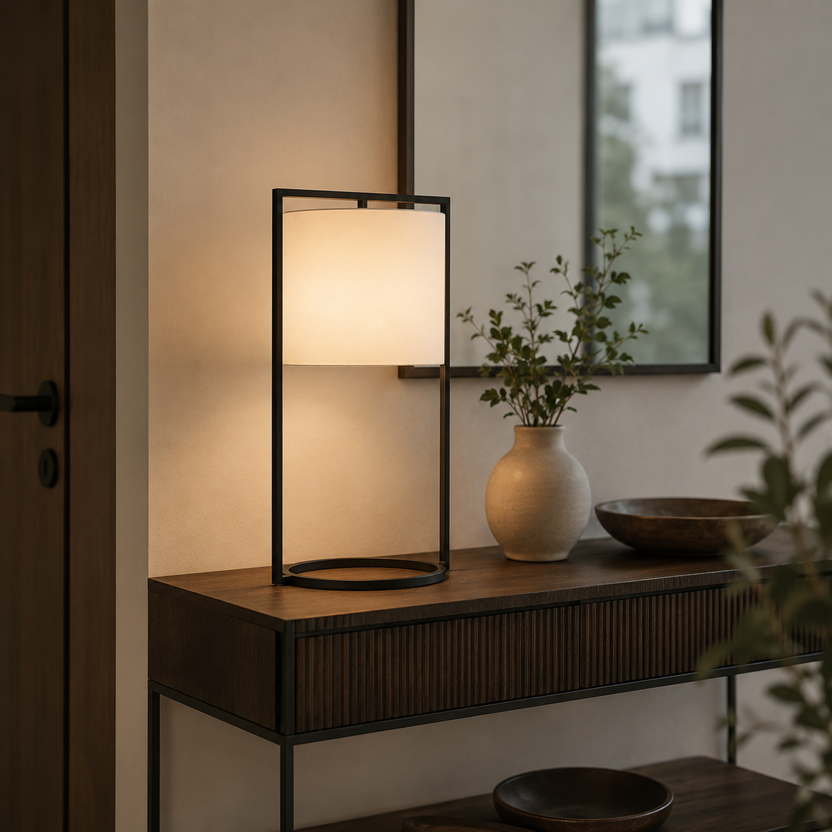 Matte black table lamp with square fabric shade and circular base ring on a console.