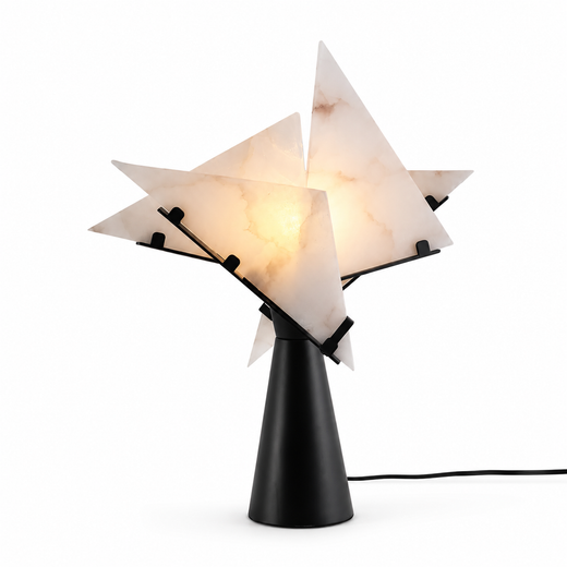 Black table lamp with sculptural alabaster star shade and black metal arms