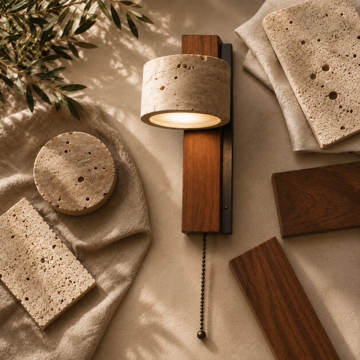 Joinery and hardware detail of Mid-Century Travertine & Wood Wall Sconce