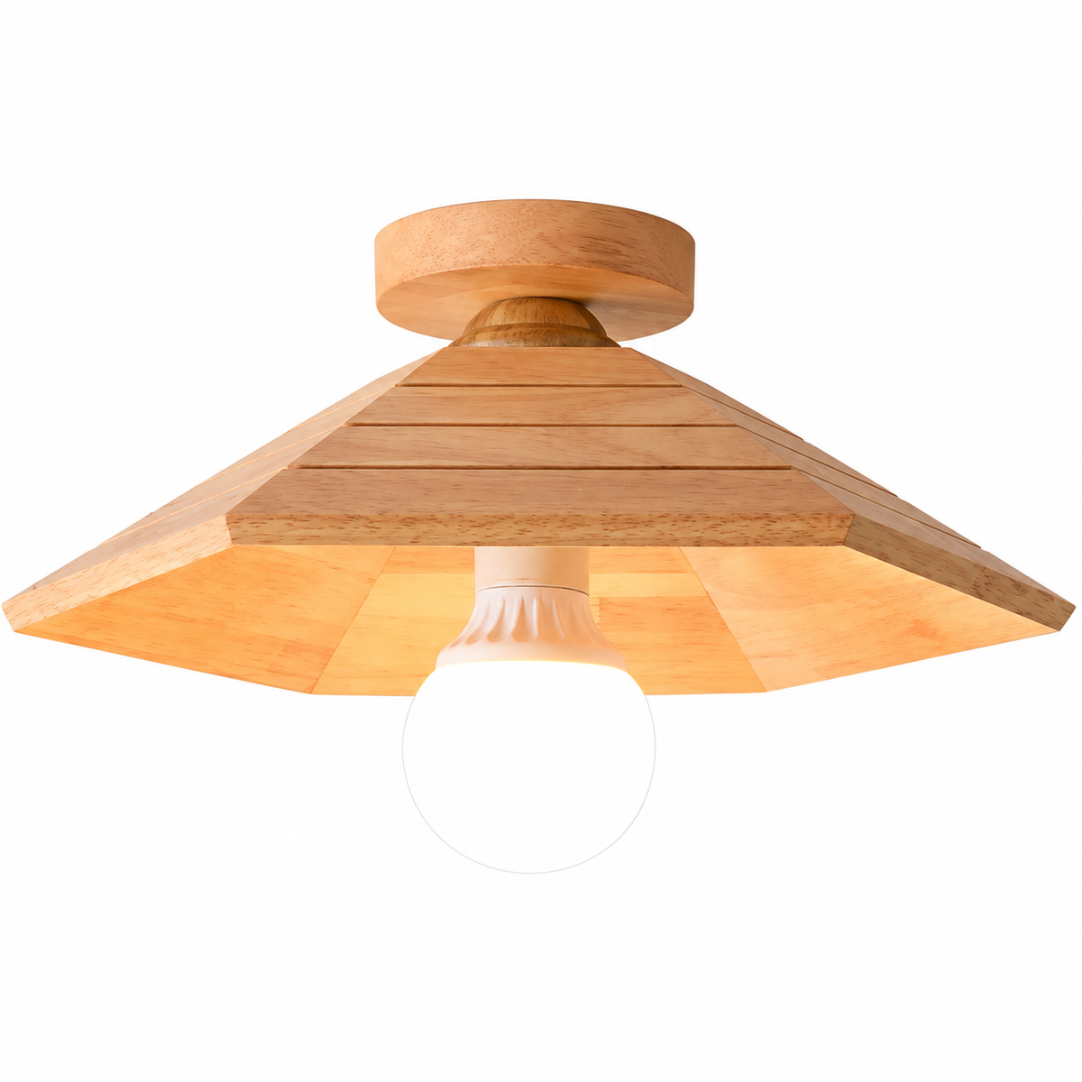 Light wood flush-mount ceiling light with layered cone shade and frosted bulb globe
