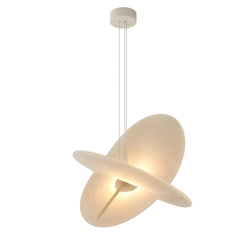 Butterfly pendant light with a white dome shade and crossed metal blades
