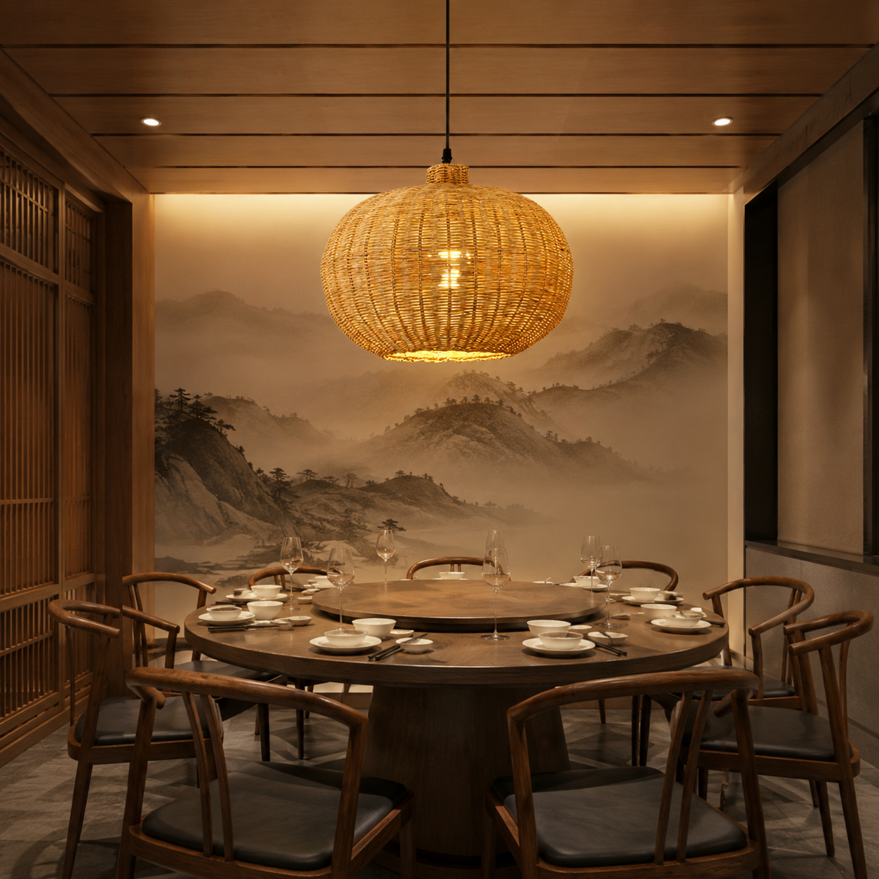 Rattan pumpkin-shaped pendant light with warm glowing bulb on a black cord.
