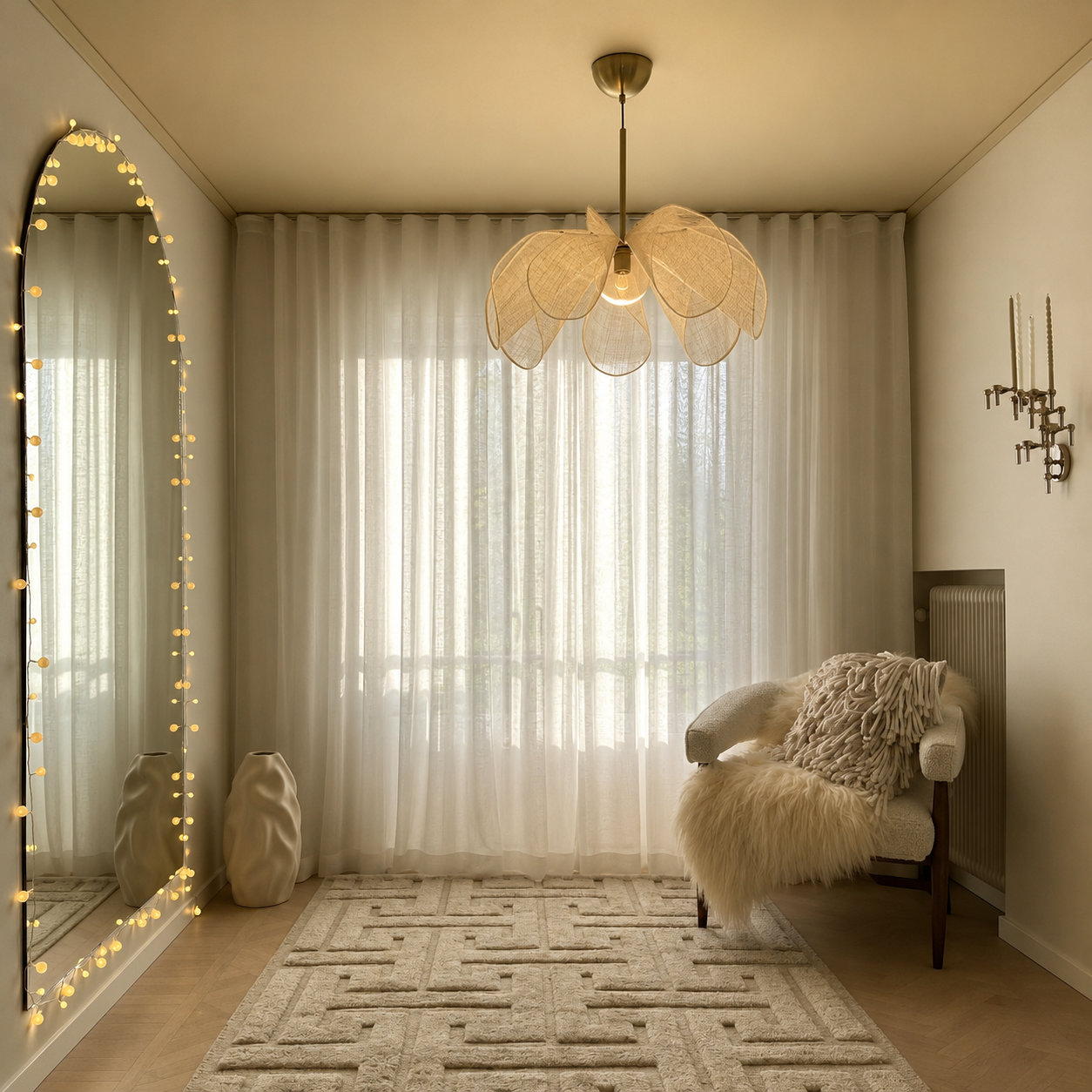 Ceiling chandelier with natural linen petal shades and brass base, warm bulb lit