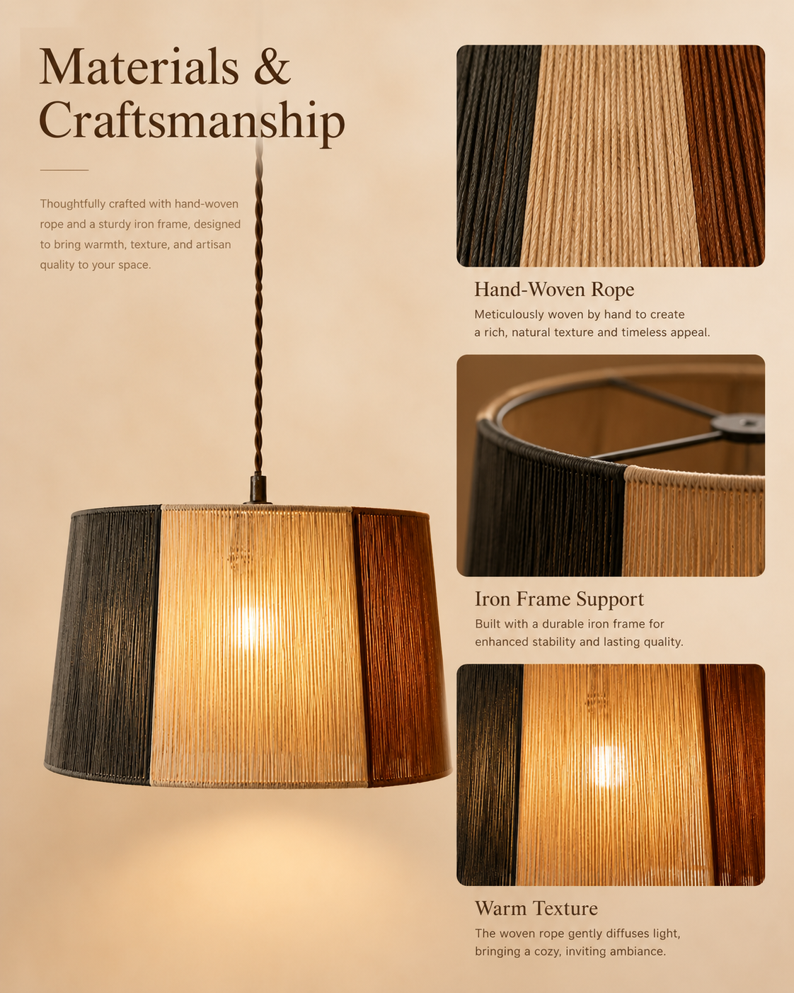 Natural materials and handcrafted details of Trio Weave Pendant