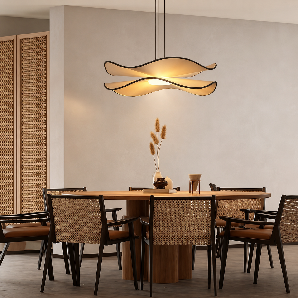 Gold wing pendant light with two curved glowing shades and slim hanging cords