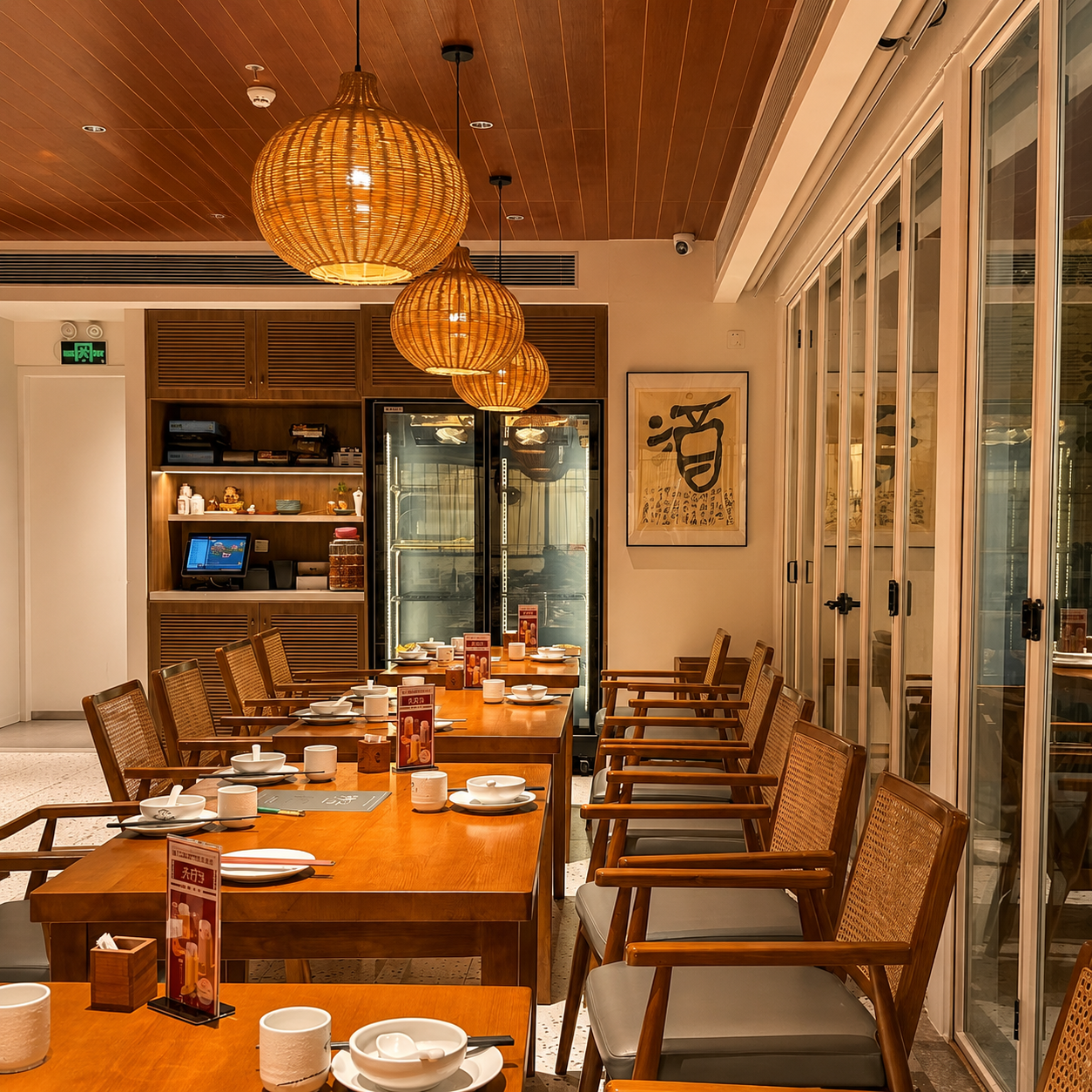 Rattan pumpkin-shaped pendant light with warm lit bulb and black ceiling cord.