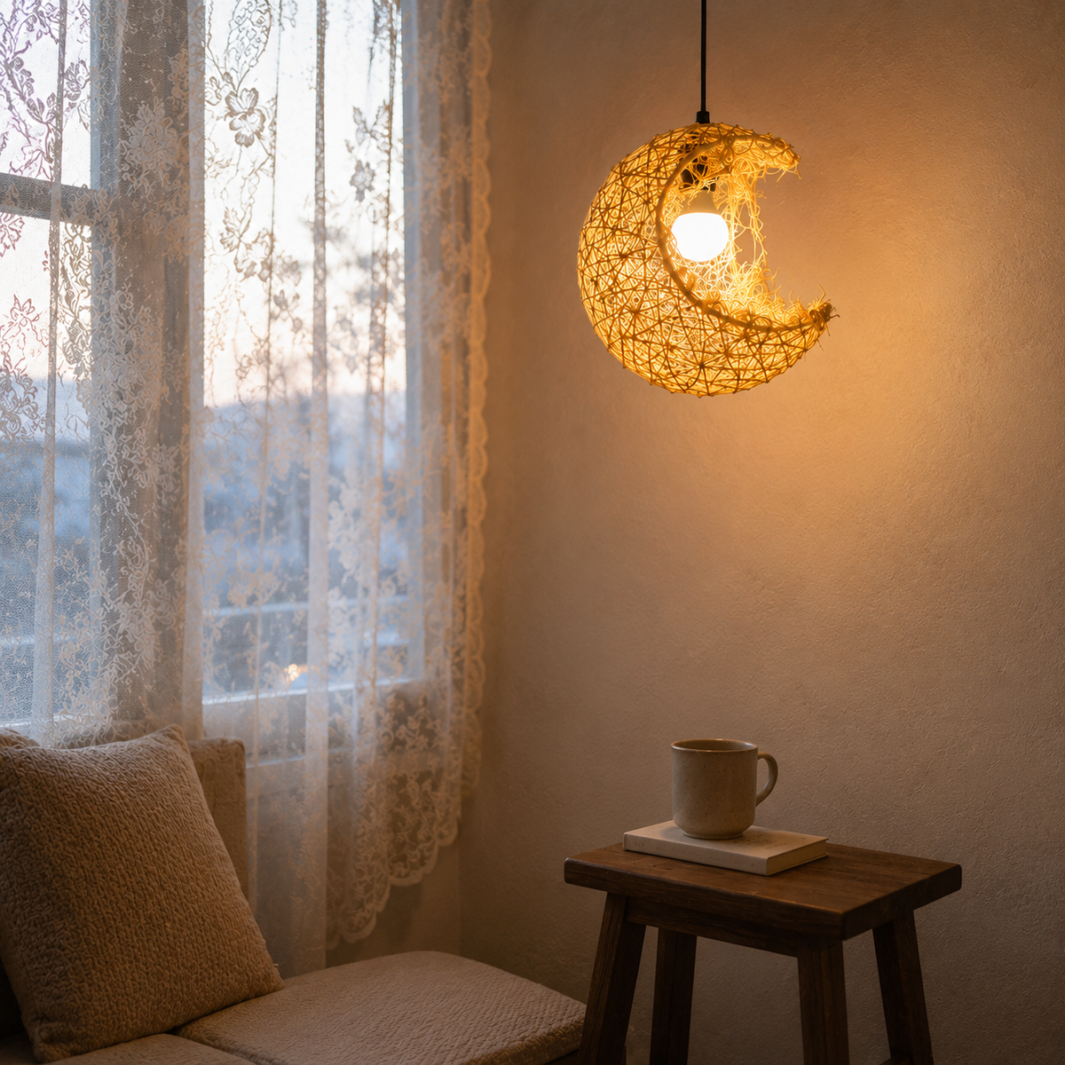 Joinery and hardware detail of Rattan Crescent Pendant Light