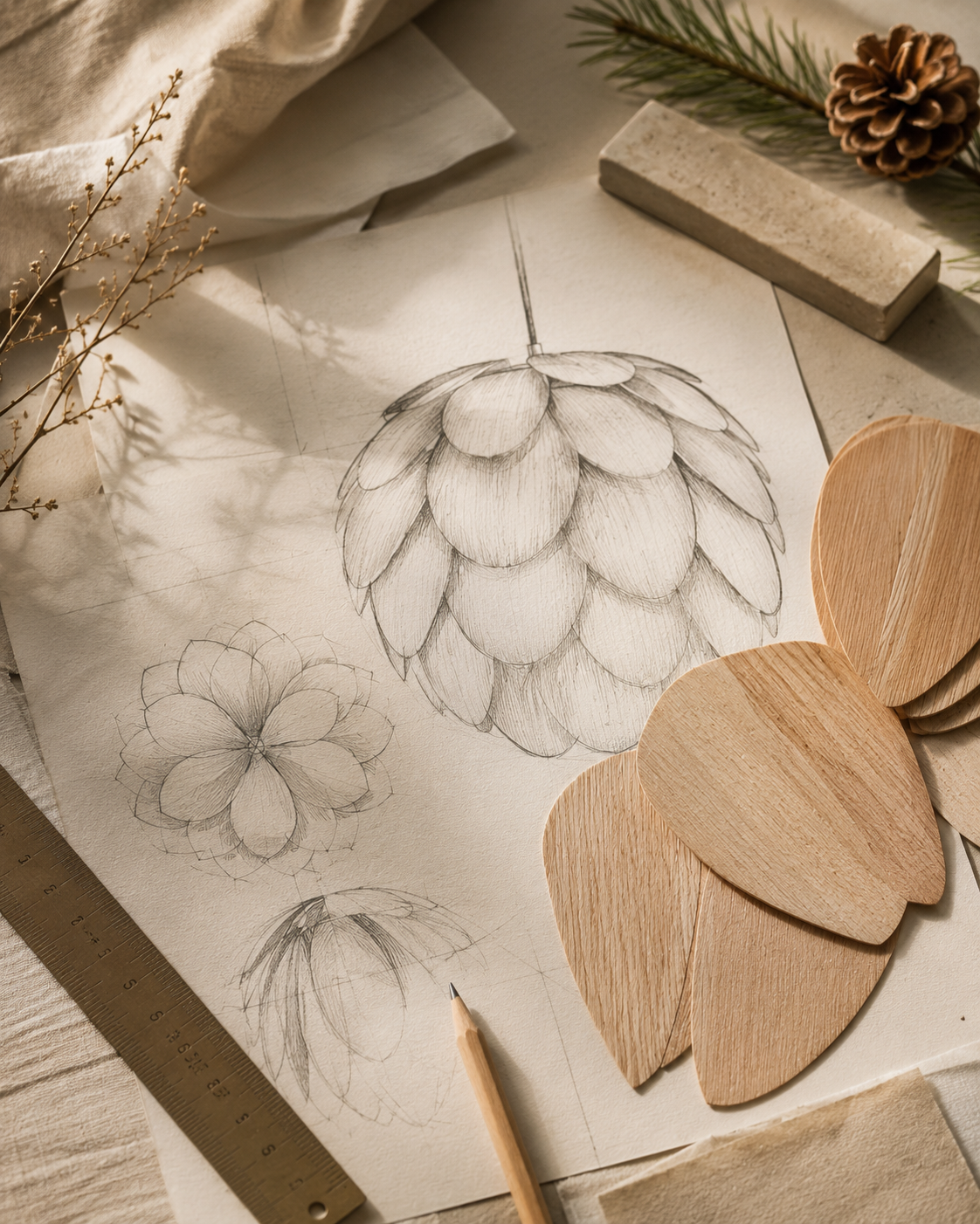 Pinecone Wood Pendant Light handcrafted lighting design by SolenaLighting
