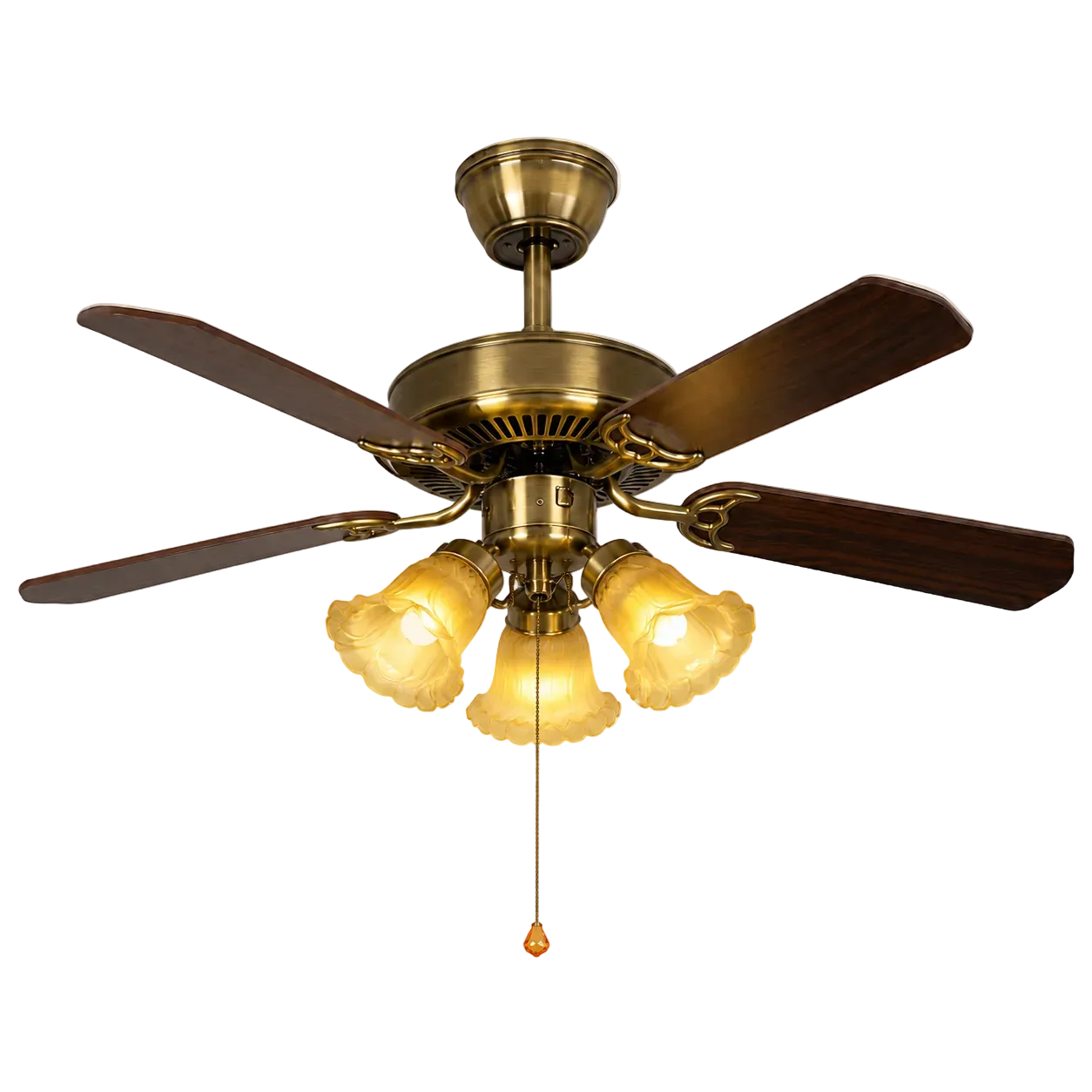 Wood-blade ceiling fan with brass housing and three frosted glass light shades