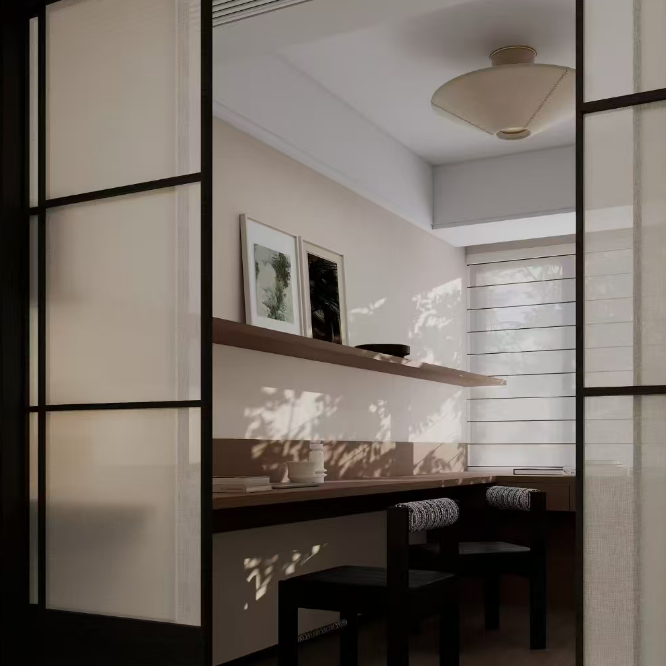 Beige woven flush mount ceiling light visible through doorway in room