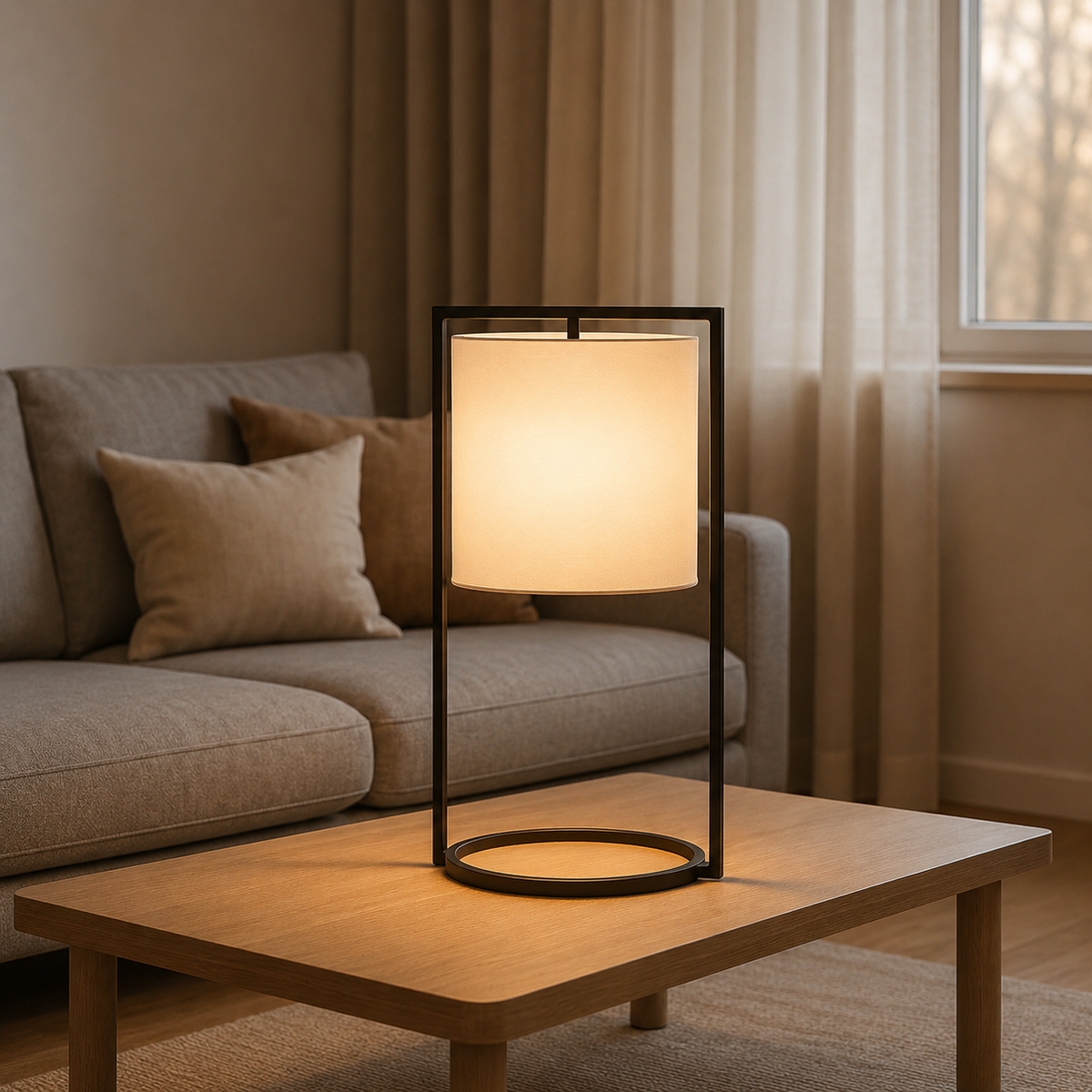 Matte black table lamp with square fabric shade and circular base ring on a coffee table.
