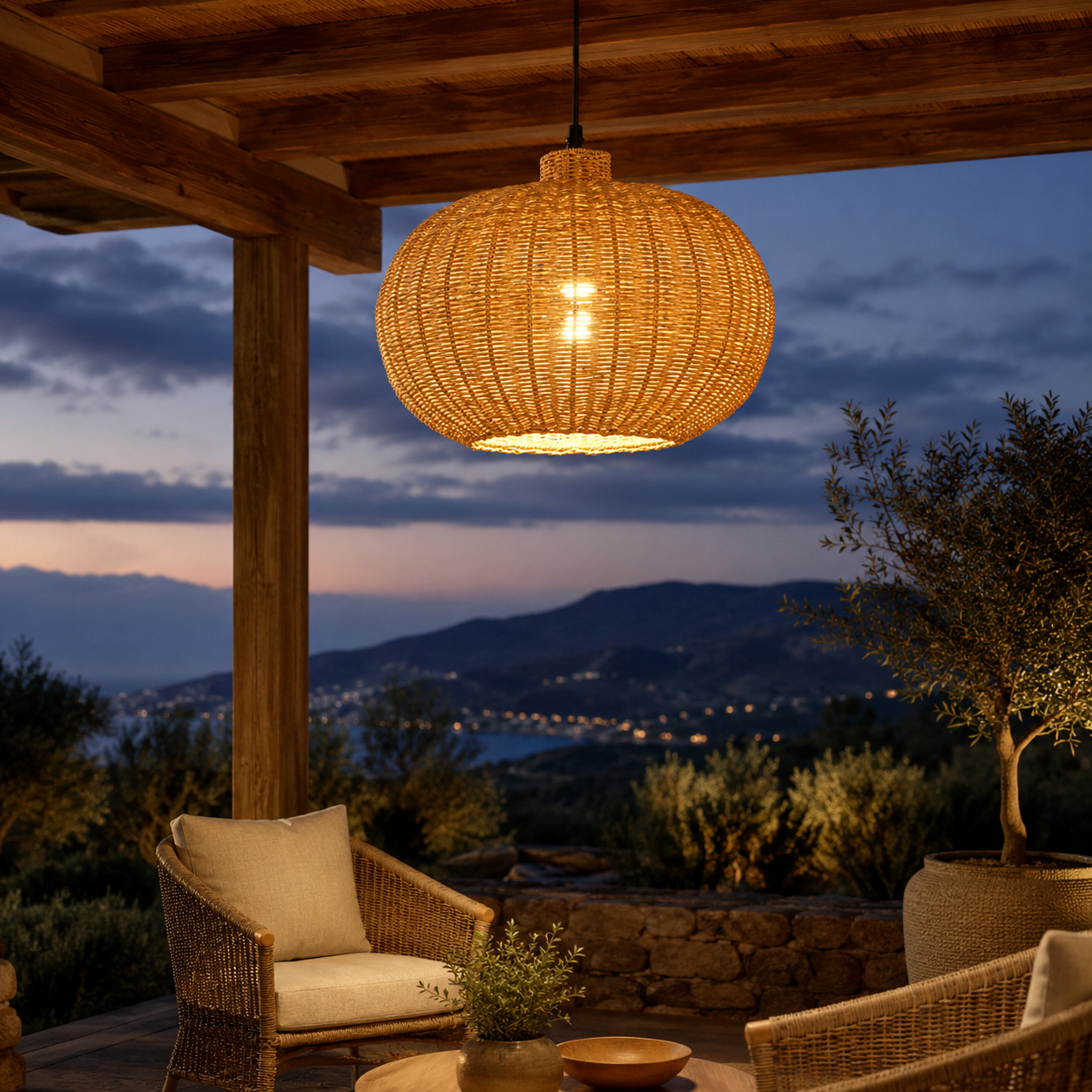 Outdoor rattan pumpkin pendant light with warm lit bulb and black cord.