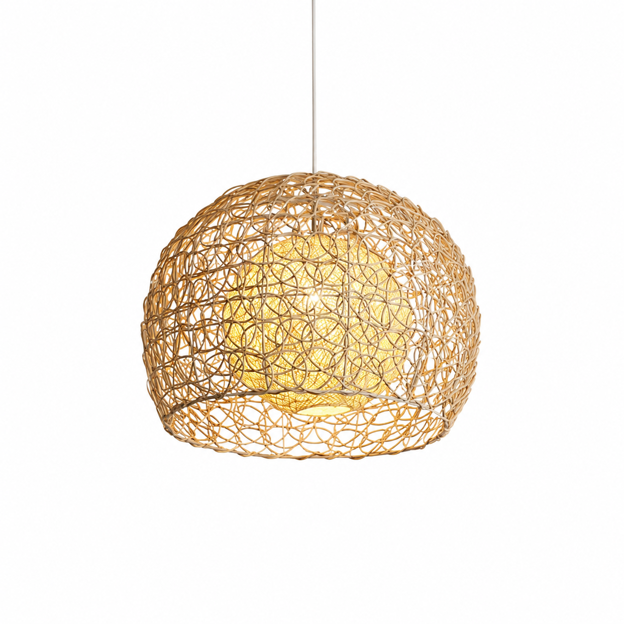 Rattan orb pendant light with woven lattice shade, warm glowing bulb