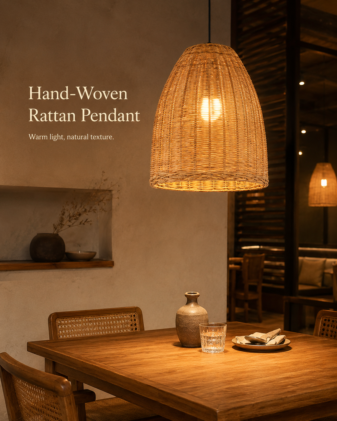 Rattan Bell Pendant handcrafted lighting design by SolenaLighting