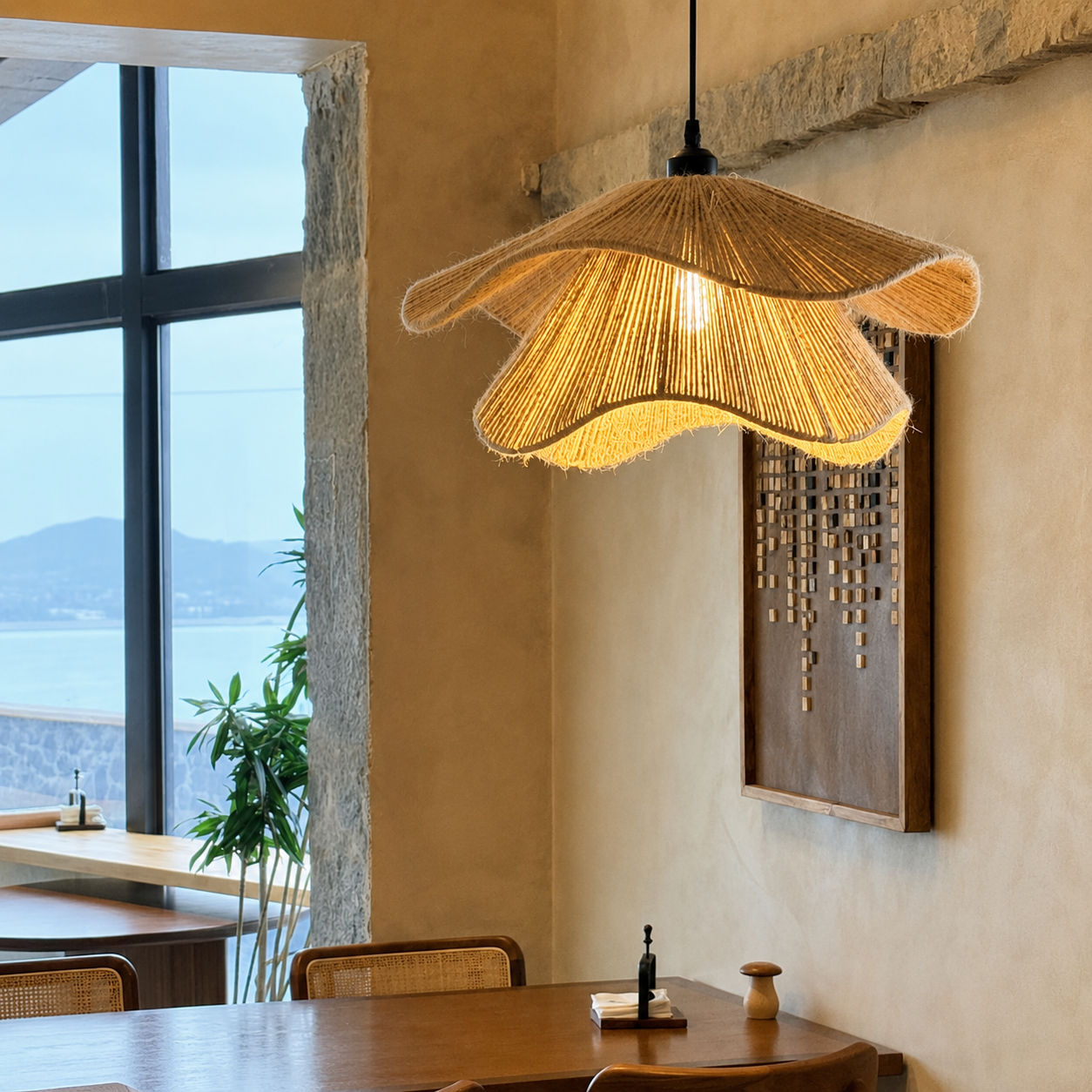 Layered Petal Hemp Rope Pendant Light