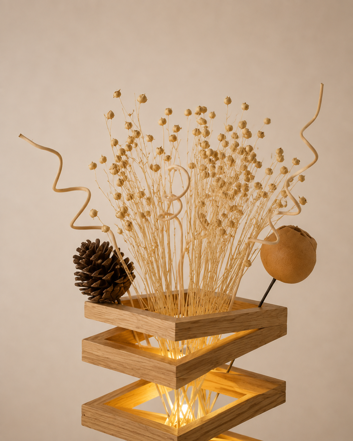 Natural material texture detail of Zen Stack Wood Table Lamp with Dried Botanicals