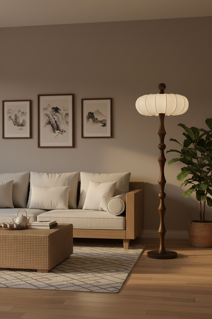Contemporary floor lamp with cream ribbed shade and dark segmented base