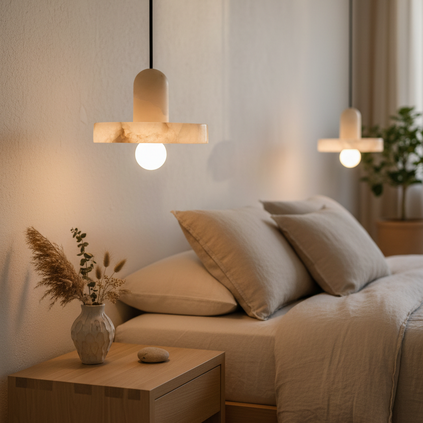 Alabaster fishline pendant light with cylindrical shade, stone crossbar, and warm globe bulb