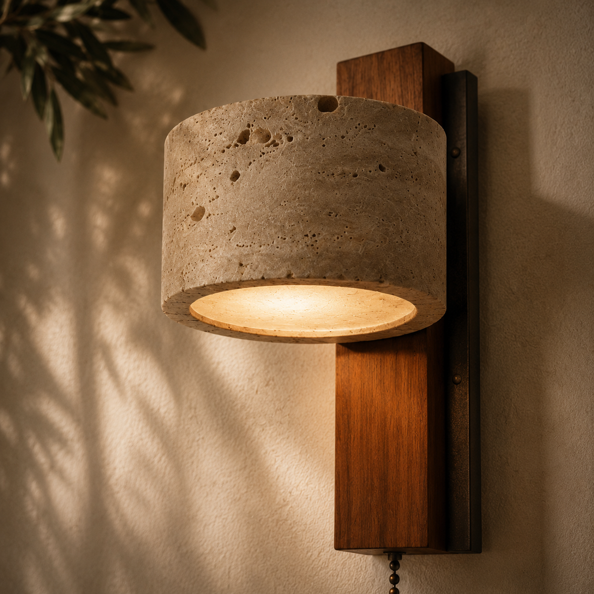 Natural materials and handcrafted details of Mid-Century Travertine & Wood Wall Sconce