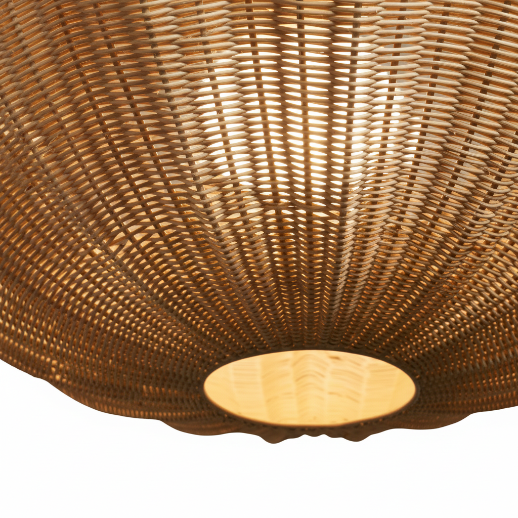 Woven rattan pendant shade with dense radial pattern, warm diffuser