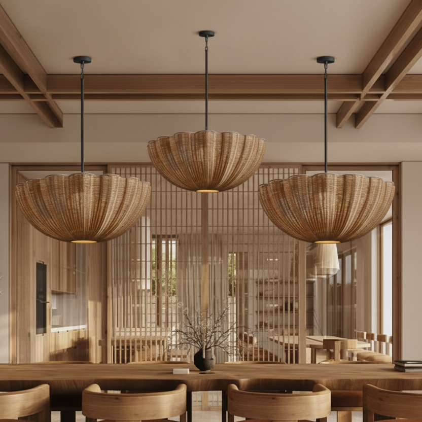 Three rattan pendant lights with woven dome shades in a tall lounge