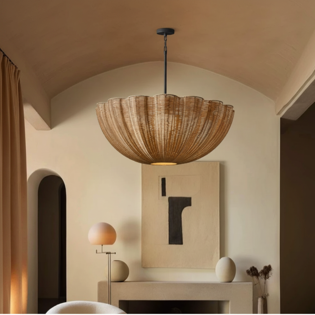 Rattan pendant light with woven dome shade and warm light under ceiling