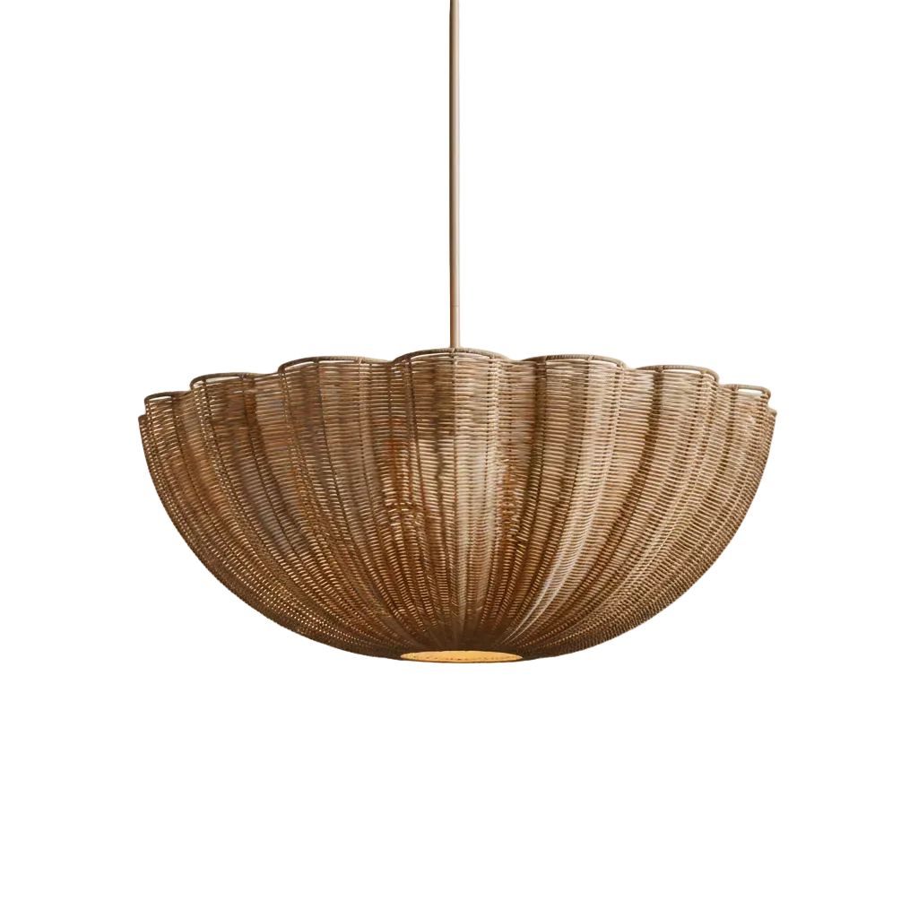 Soleil rattan pendant light, woven dome shade with warm hanging cord