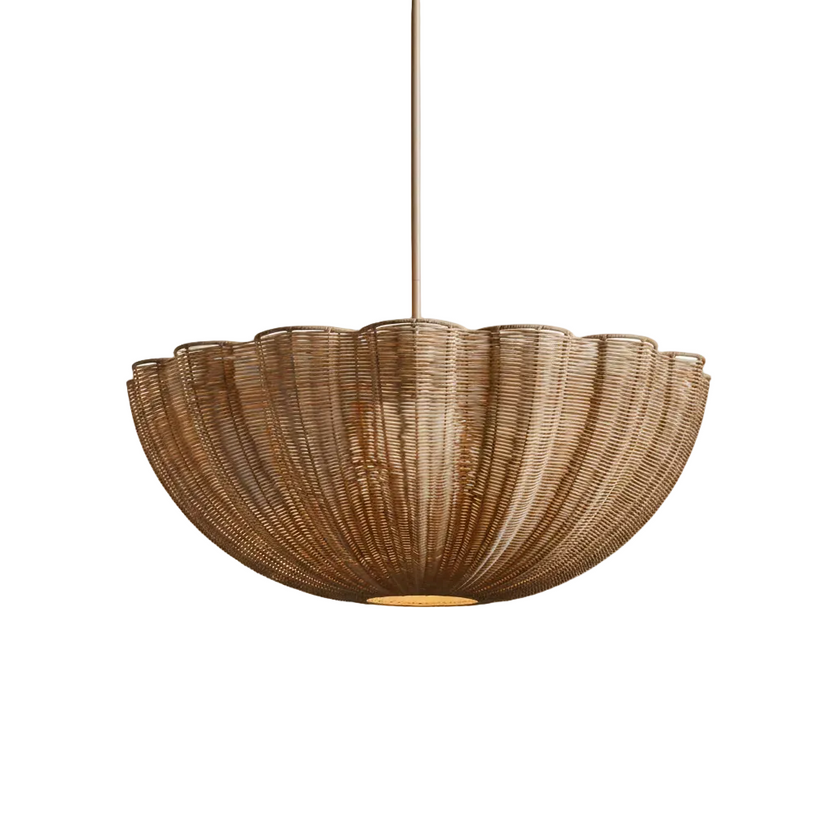 Soleil rattan pendant light, woven dome shade with warm hanging cord