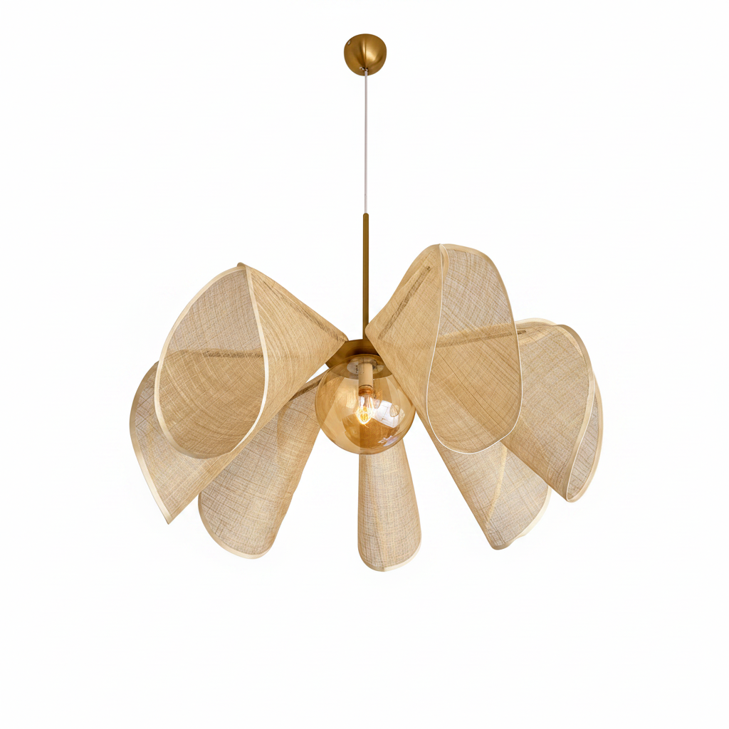 Natural linen chandelier with six petal shades and brass canopy, warm bulb glowing