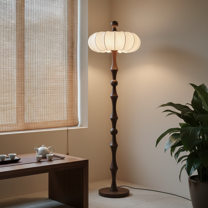 Floor lamp with cream ribbed drum shade and slender black segmented pedestal