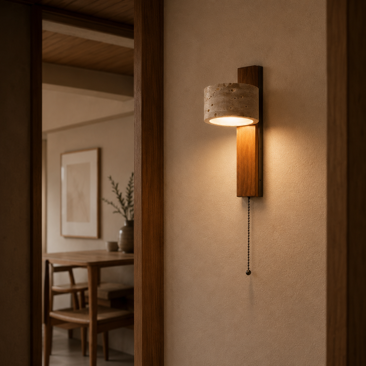 Mid-Century Travertine & Wood Wall Sconce handcrafted lighting design by SolenaLighting