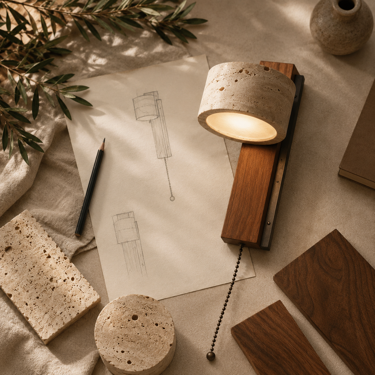 Finished craftsmanship detail of Mid-Century Travertine & Wood Wall Sconce