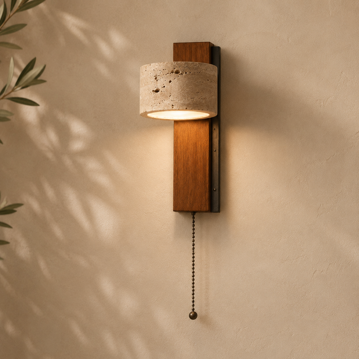 Form and silhouette detail of Mid-Century Travertine & Wood Wall Sconce